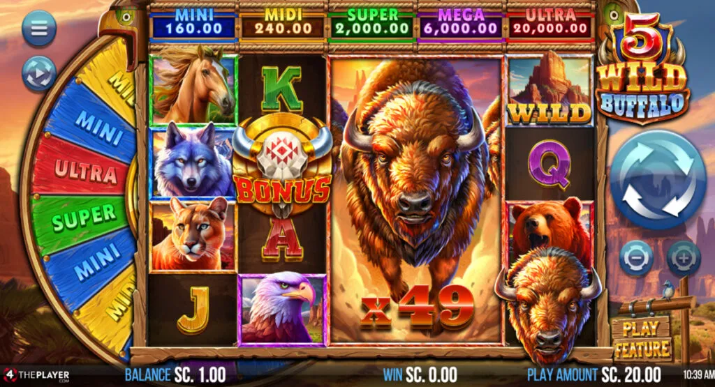 5 Wild Buffalo slot game in action at an Arkansas online casino, featuring wild symbols and bonus spins