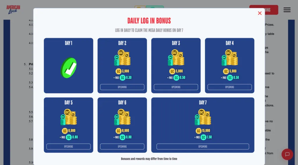American Luck Casino daily login bonus calendar showing rewards for days 1 through 7