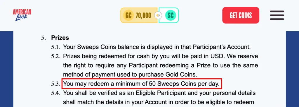American Luck Casino sweepstakes rules showing the 50 SC minimum redemption requirement for cash prizes
