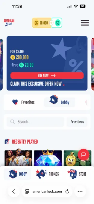 American Luck social casino mobile website interface