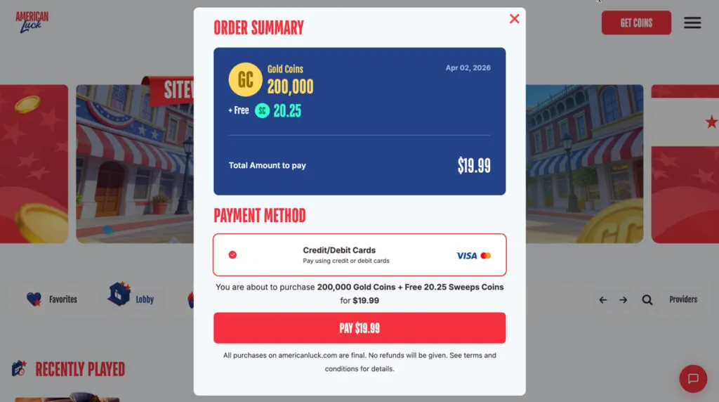 American Luck Casino Gold Coin purchase screen showing accepted payment methods