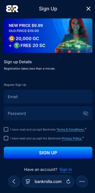 BankRolla account registration screen with email and password fields