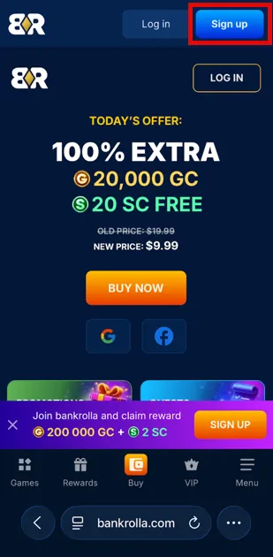 BankRolla website landing page showing the Sign Up button