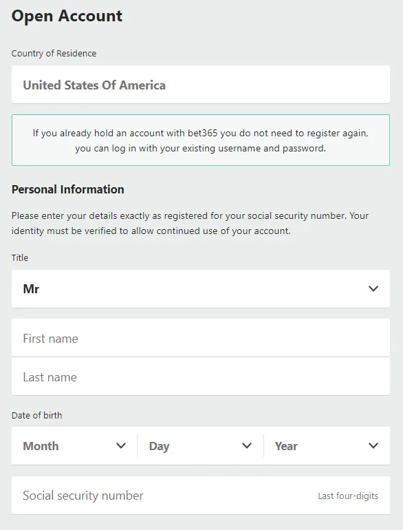 bet365 Sportsbook Personal Information