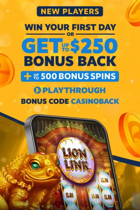 Advertisement for BetRivers Casino Delaware welcome offer with 100% net losses back plus bonus spins