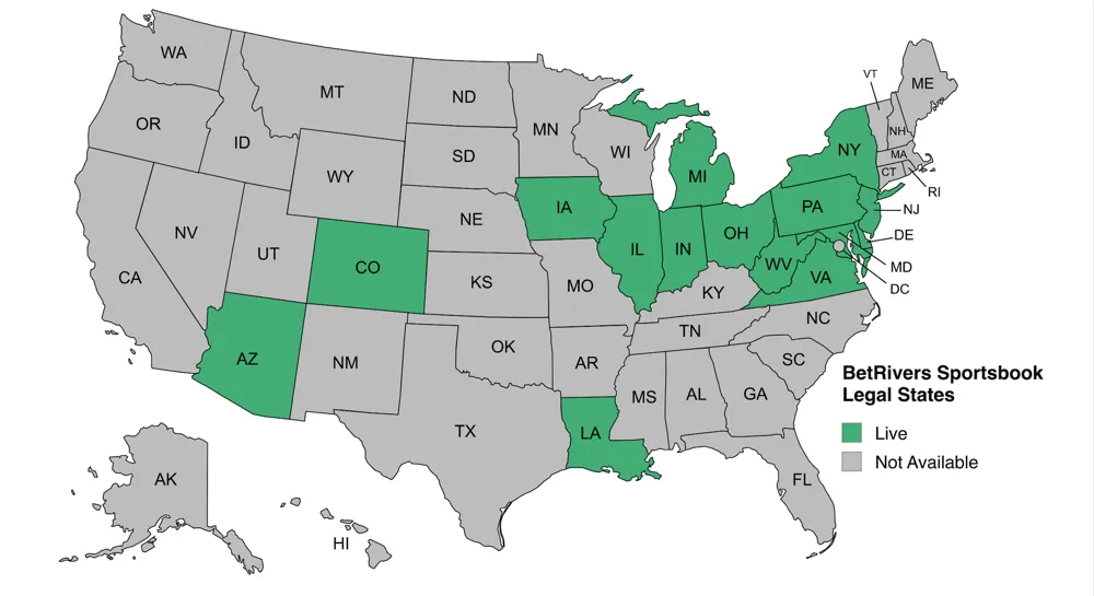 U.S. map showing BetRivers Sportsbook legal states