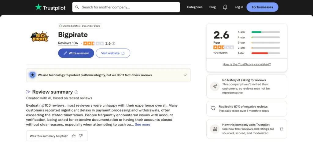 Trustpilot player ratings and review scores for Big Pirate social casino
