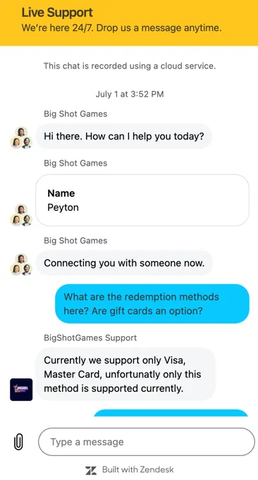 Big Shot Games customer support via live chat