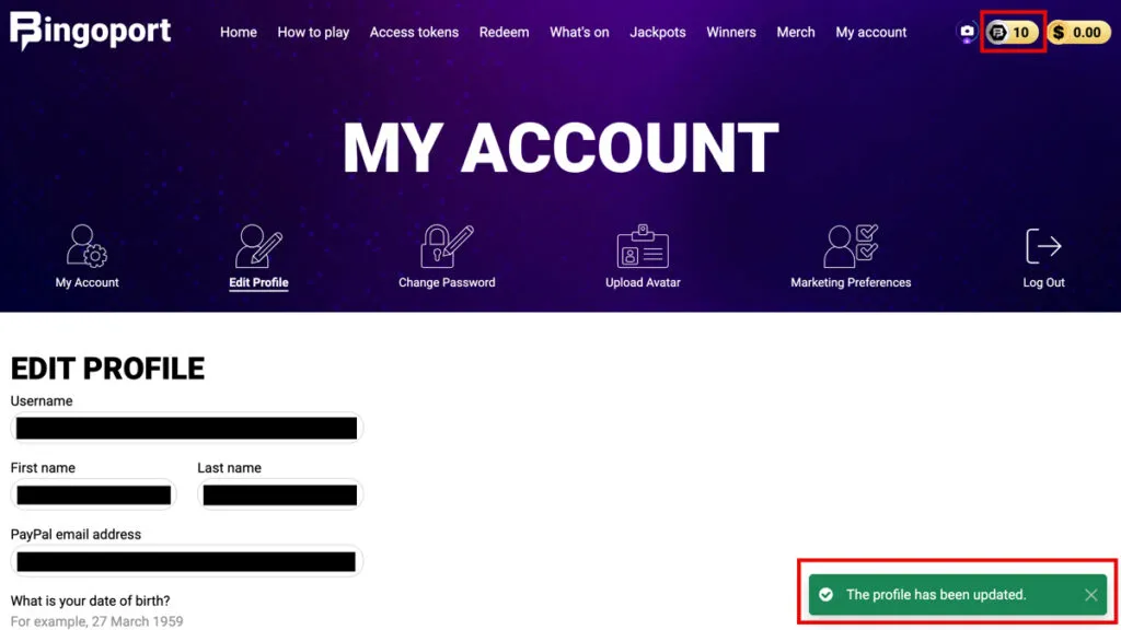 Bingoport bonus for completing profile and providing personal information