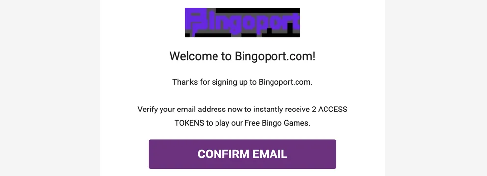 Bingoport email awarding 2 free Access Tokens for verifying an email address