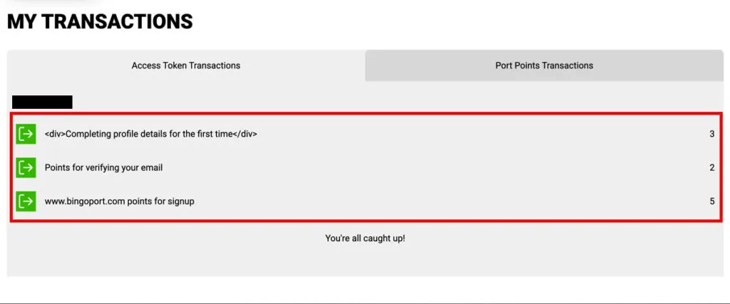 Bingoport âMy Transactionsâ page showing all three Access Token rewards from the sign-up bonus