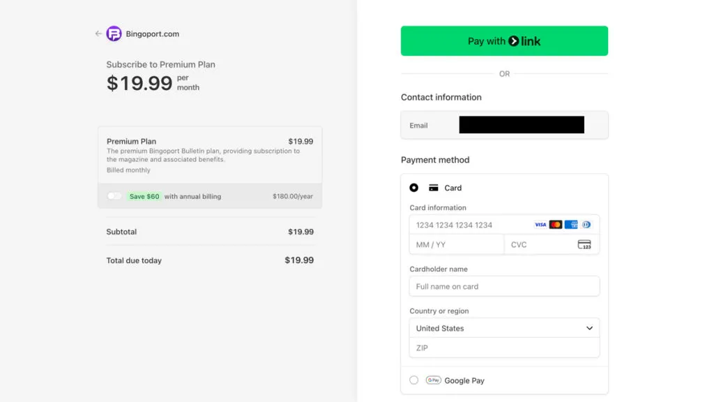 Screenshot of the Bingoport checkout page with debit and credit card payment options