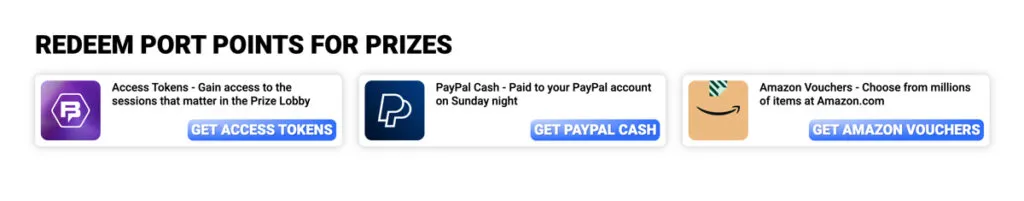 Bingoport prize redemption options for PayPal cash, Amazon gift cards, and Access Tokens