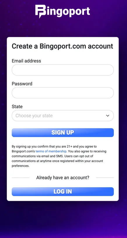 Bingoport sign-up page with no promo code box