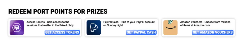 Port Point redemption options on Bingoport including PayPal and Amazon gift cards
