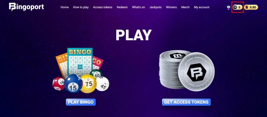 Bingoport account balance showing 5 free Access Tokens added after sign-up
