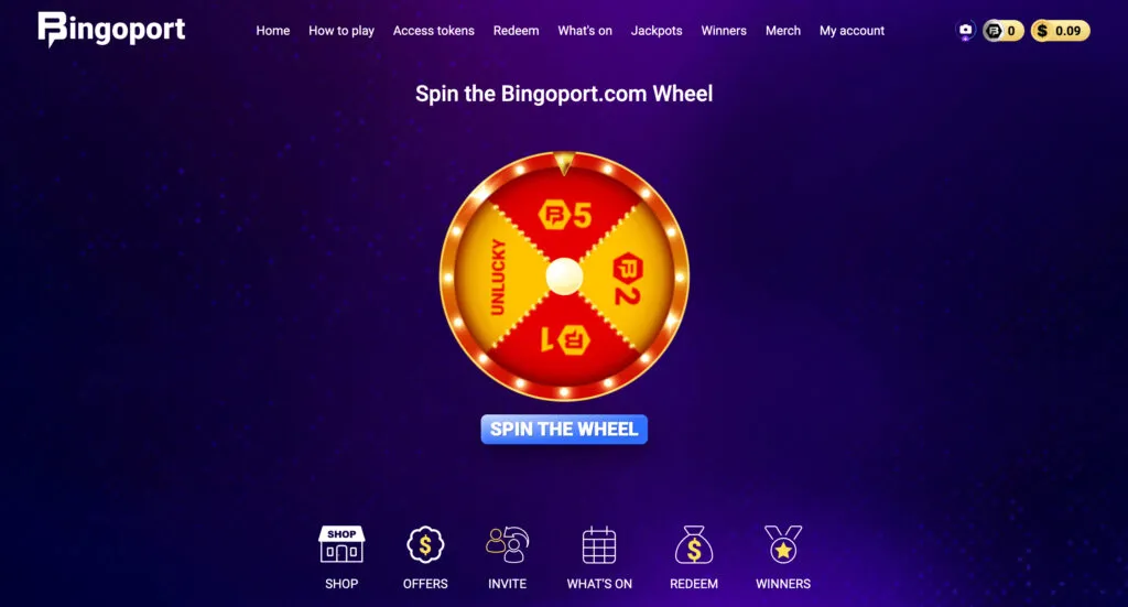 Bingoport Spin the Wheel bonus offering free Access Tokens