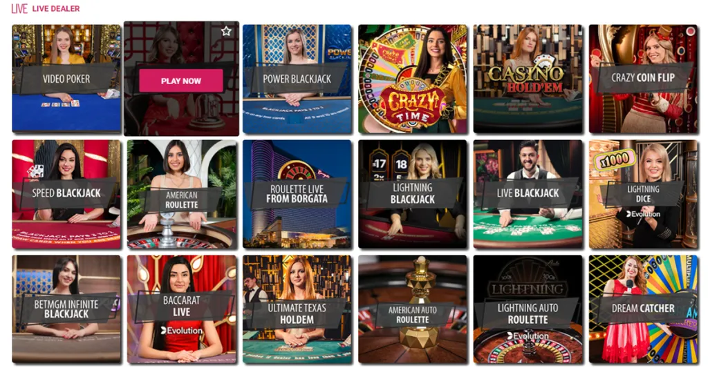 Live dealer lobby on a Rhode Island casino site with streaming table games