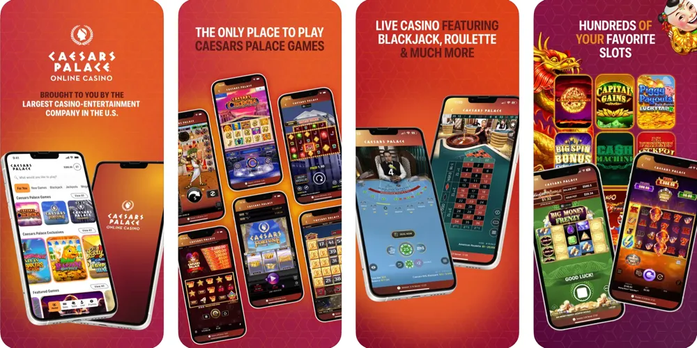 Caesars Palace Online Casino WV app preview, featuring exclusive slots and live dealer games