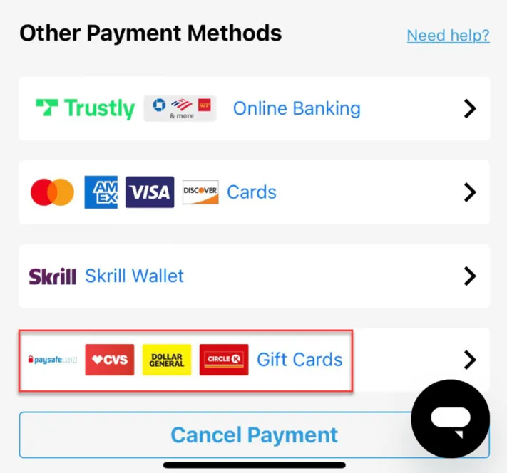 Chumba Casino gift card payment method