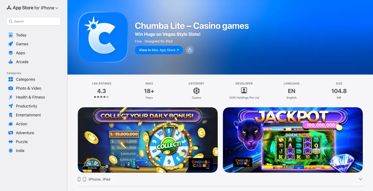 Chumba Casino mobile app preview for iOS