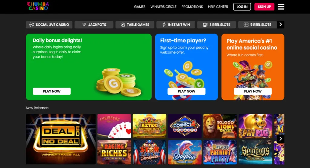 Chumba Casino homepage with newly released games and ongoing promotions