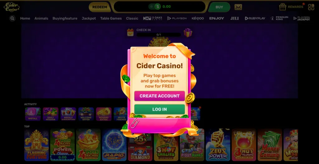 Cider Casino desktop lobby showing game library and create account pop-up