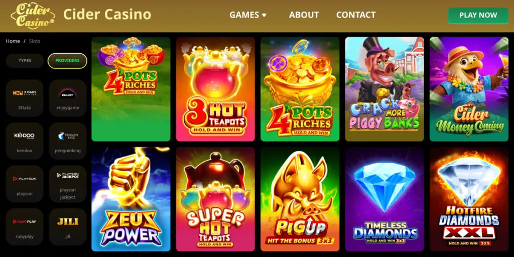 Cider Casino lobby showing featured slots and game providers