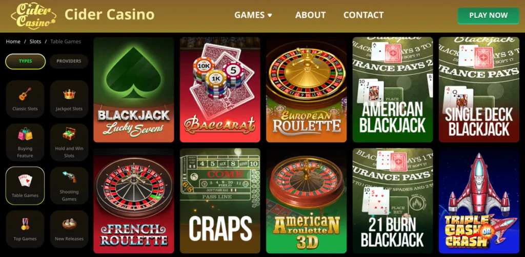 Table games section at Cider Casino showing blackjack, roulette, and other options