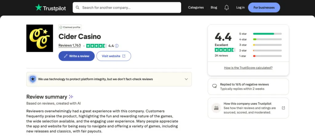 Trustpilot reviews page for Cider Casino showing player feedback and overall rating