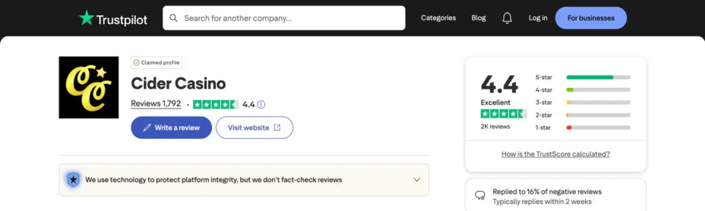 Trustpilot page for Cider Casino with player reviews and a 4.4 star rating