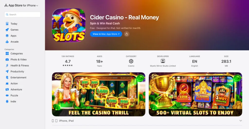 Cider Casino iOS mobile app preview