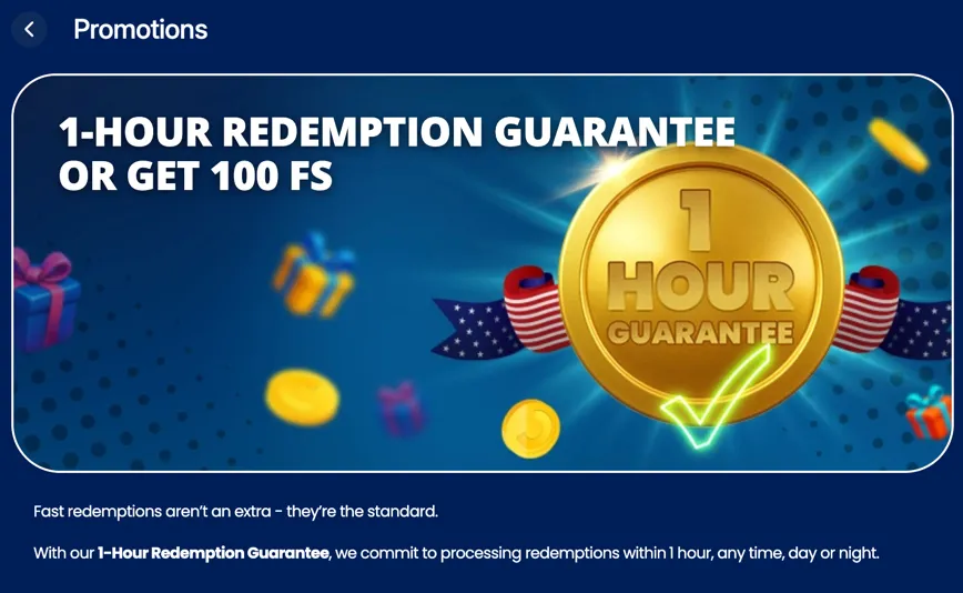 Coinz.us 1-hour redemption guarantee shown on website