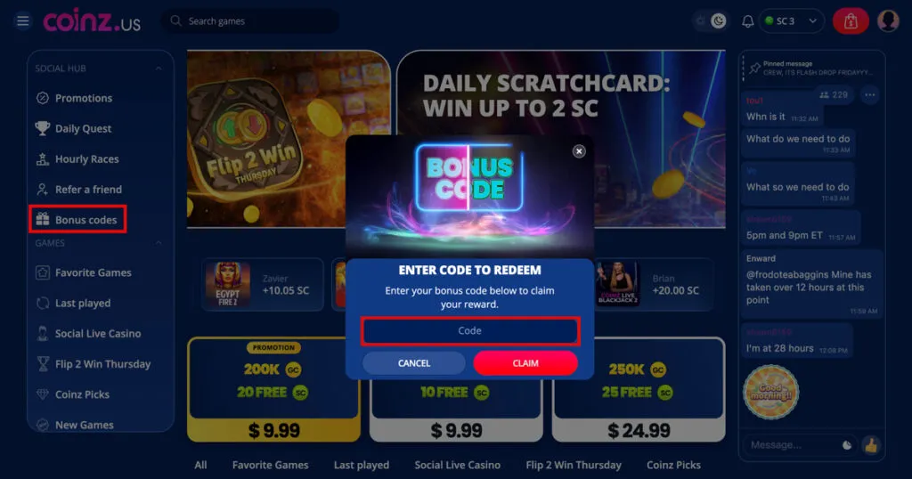 Coinz.us bonus code box where users enter promo codes