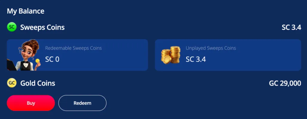 Coinz.us balance showing unplayed and redeemable Sweeps Coins