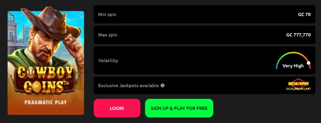 Cowboy Coins slot information screen on McLuck with bet amounts and volatility