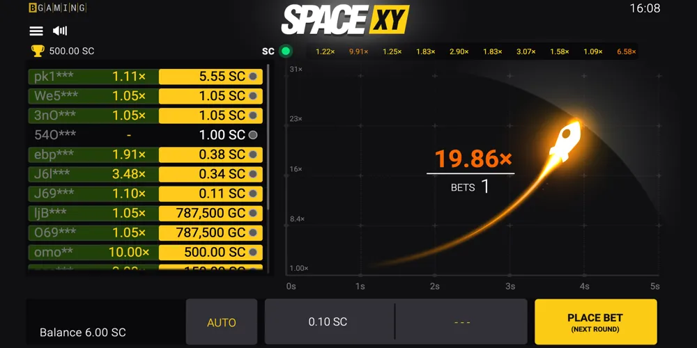 Player trying the Space XY crash gambling game at a Vermont online casino using a no-deposit bonus