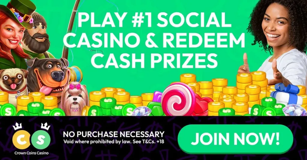 Crown Coins banner showing it as the #1 social casino with real cash prizes