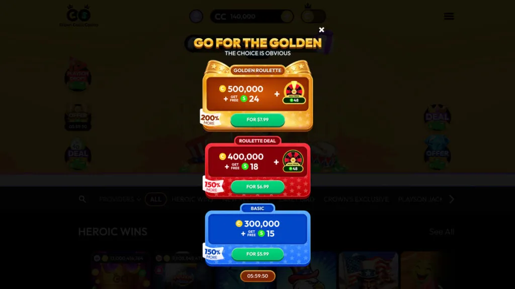 Crown Coins Casino pop-up ad promoting a limited-time coin package offer