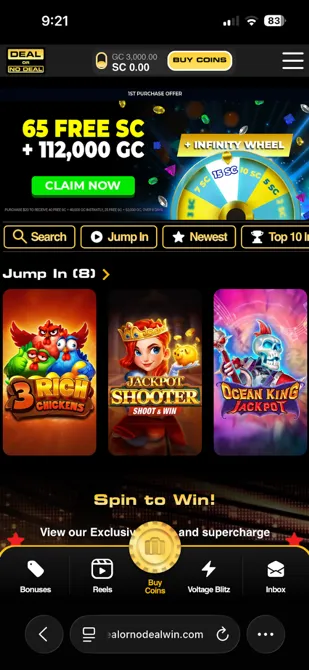 Deal or No Deal Win mobile website on iPhone
