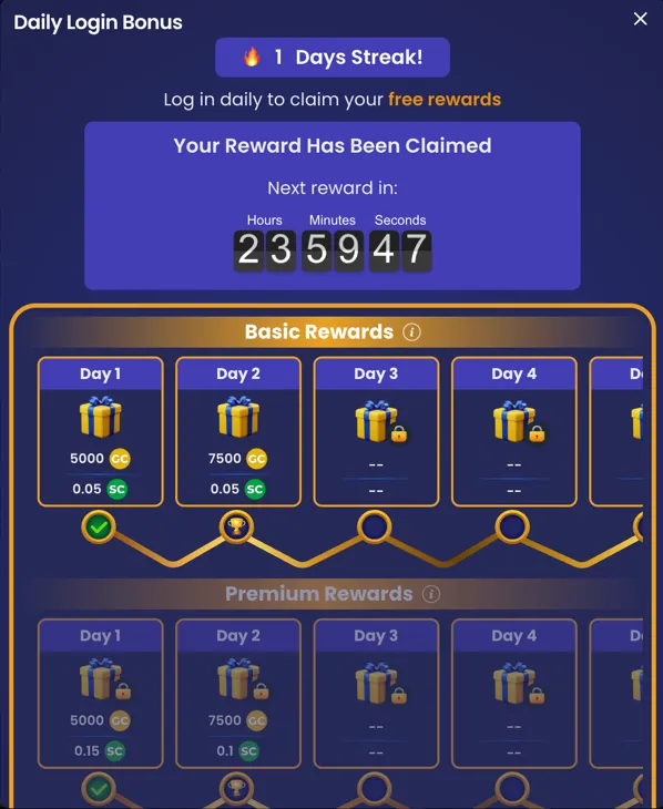 DimeSweeps daily login bonus calendar