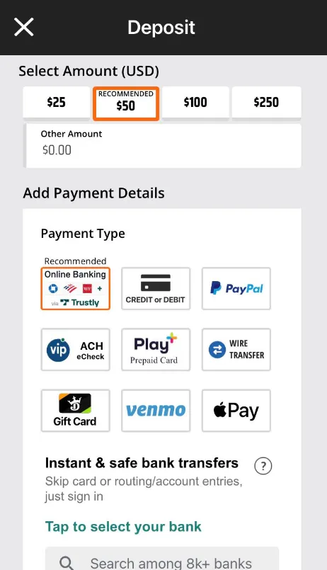 DraftKings Deposit Options