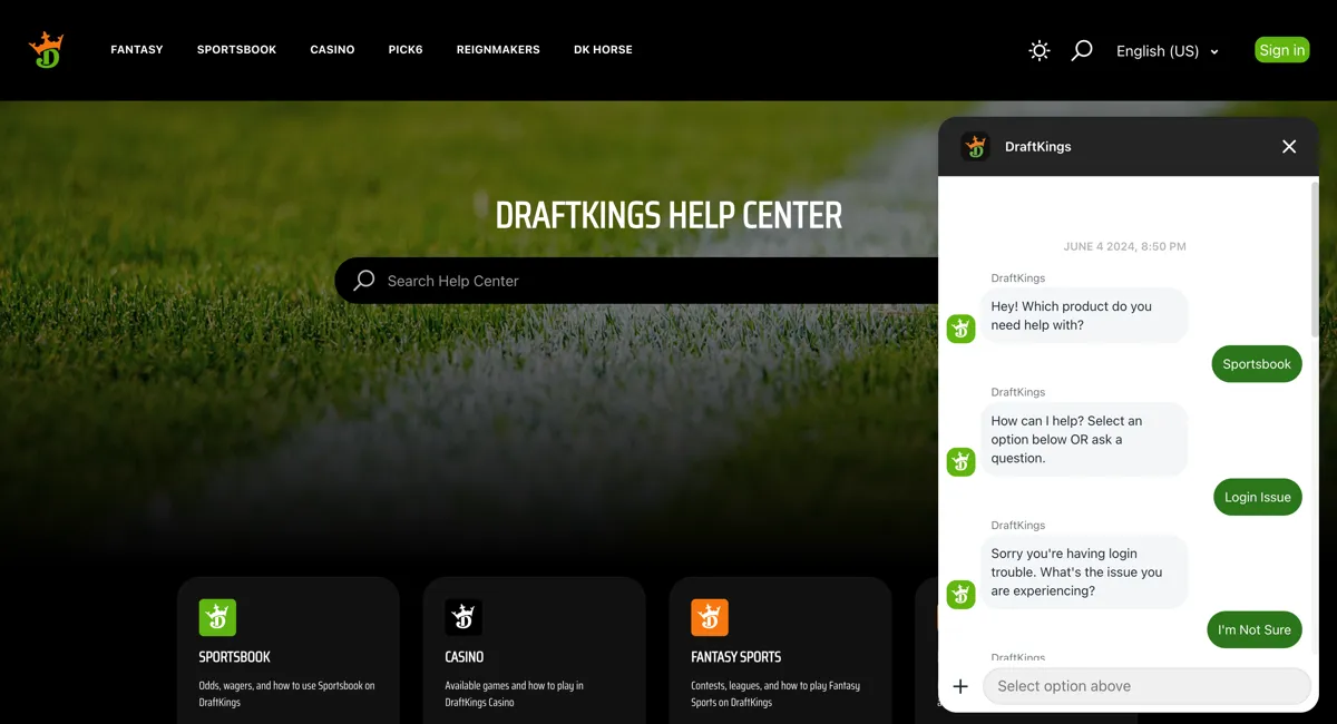 Screenshot of DraftKings Customer Support interaction