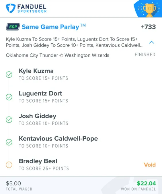 FanDuel Parlay Voided Bet