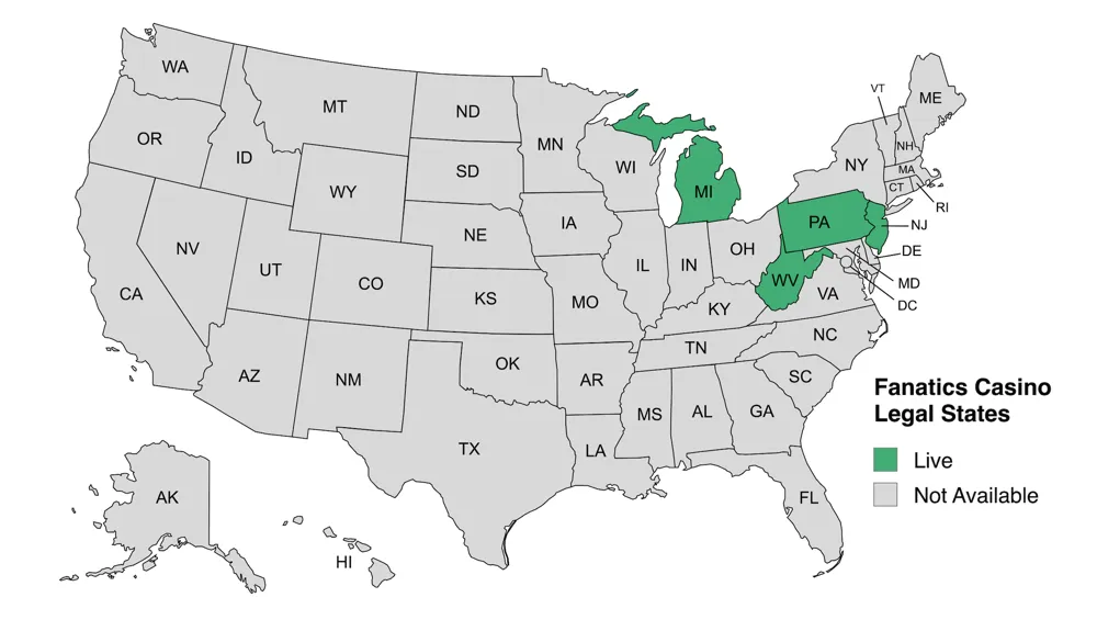 U.S. map showing Fanatics Casino legal states