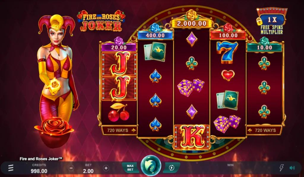Fire and Roses Joker slot game featuring colorful reels and bonus symbols