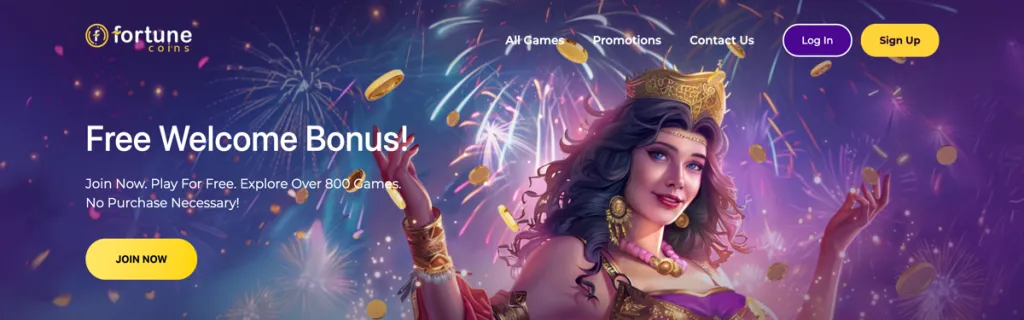 Fortune Coins Casino homepage with welcome bonus call to action