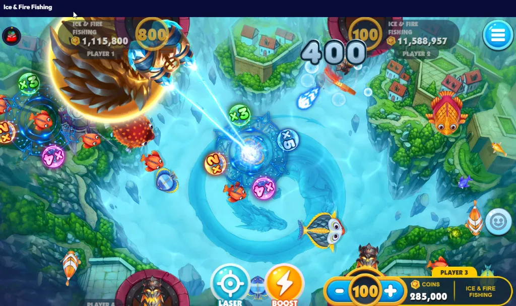 Ice & Fire Fishing table game during a round with cannons firing at fish