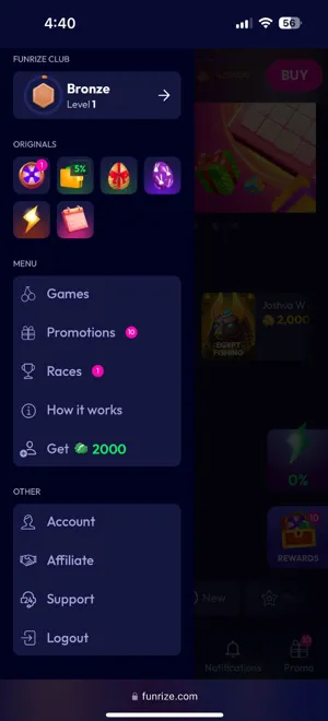 Funrize Mobile Menu & Navigation