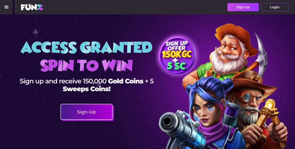 Funz Casino 150,000 GC and 5 SC no-deposit bonus shown on website